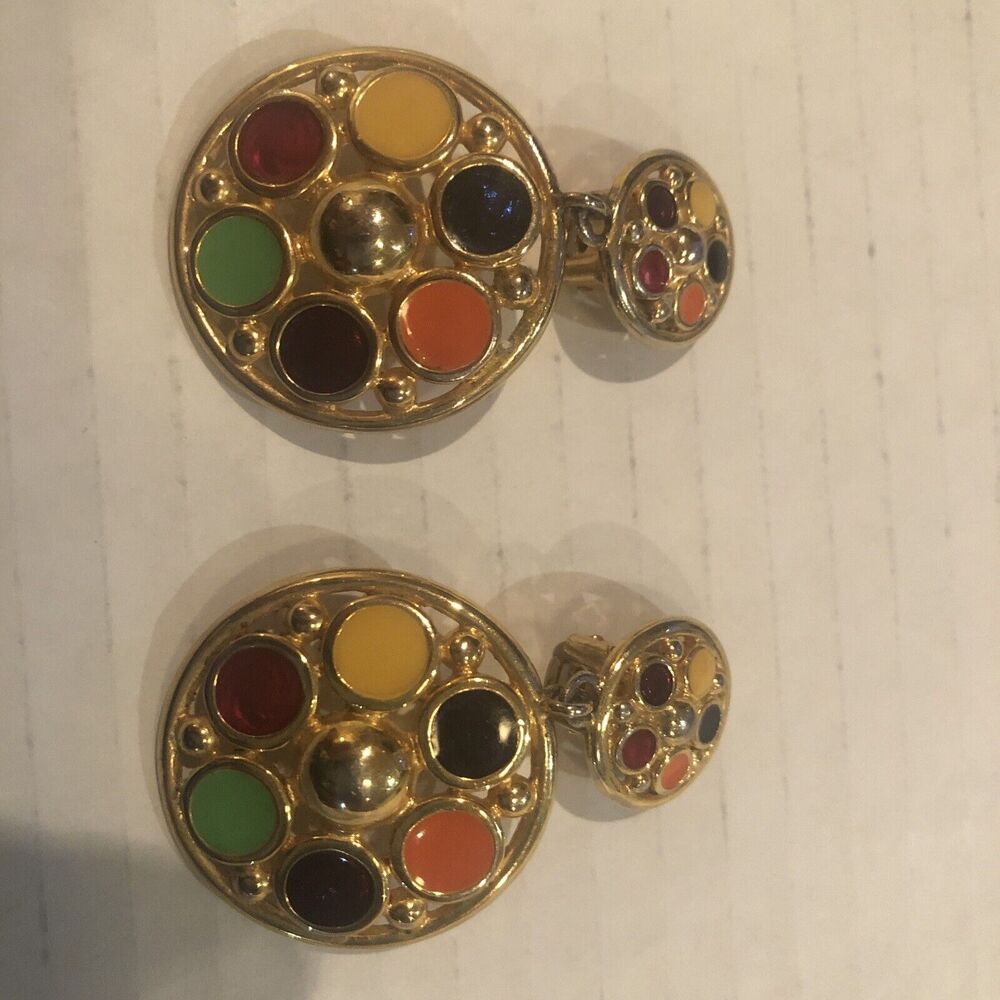clip on earring ] gold tone flower orange blue red vintage circles 1.5 in